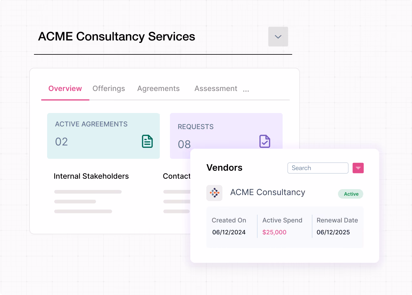 Dashboard screenshot showing ACME Consultancy Services with active agreements, requests, and vendor details.