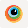 Colorful stylized eye with multiple vibrant rings around a black pupil.