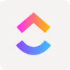 ClickUp logo with pink, orange, and blue gradient shapes forming an upward arrow.