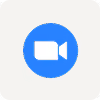 White video camera icon inside a blue circle on a light gray rounded square background.