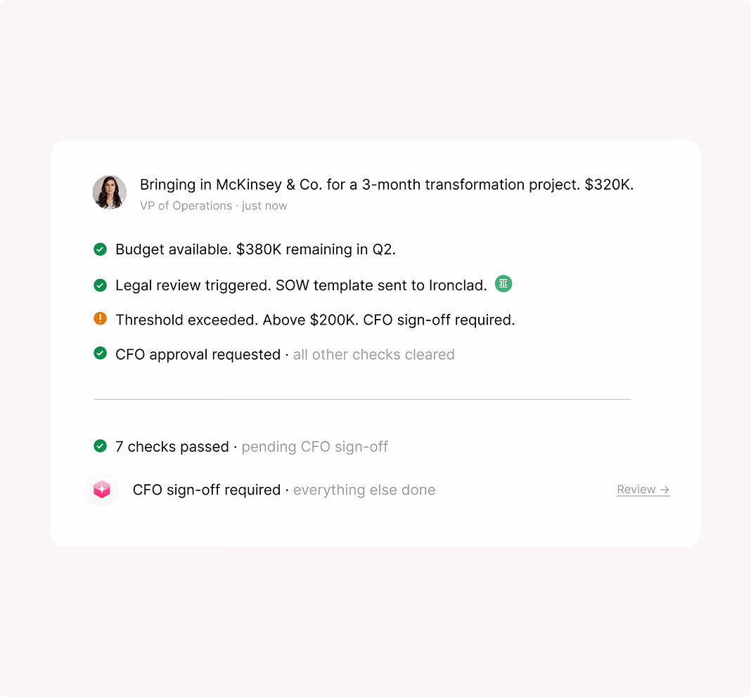 Project update note showing budget, legal review, threshold exceeded needing CFO sign-off and approval requested.