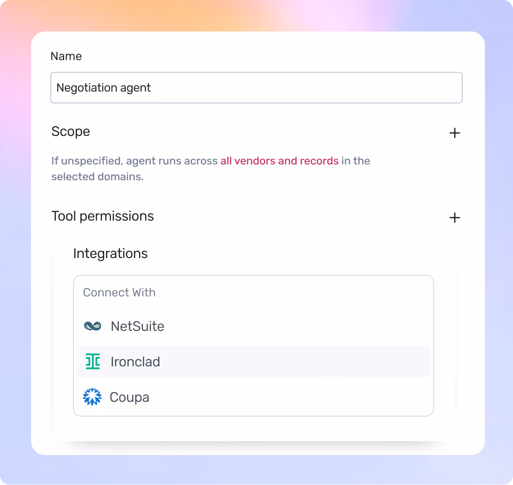 Form titled Negotiation agent with scope note and integrations for NetSuite, Ironclad, and Coupa.