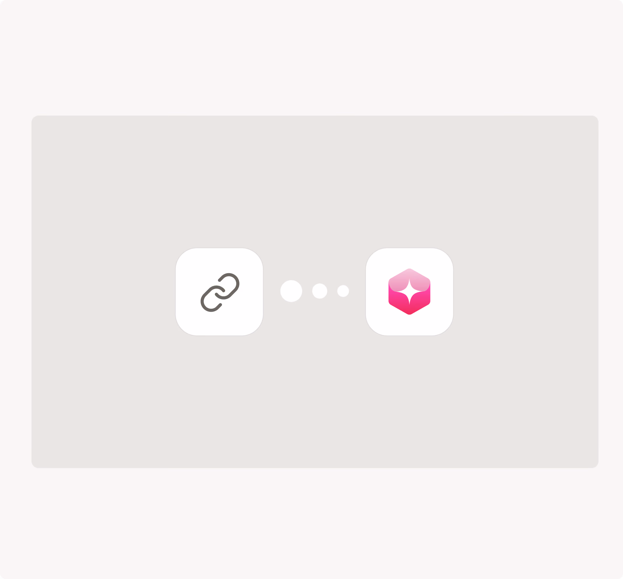 Two app icons on gray panel connected by three dots: a chain link and a pink hexagonal shape.