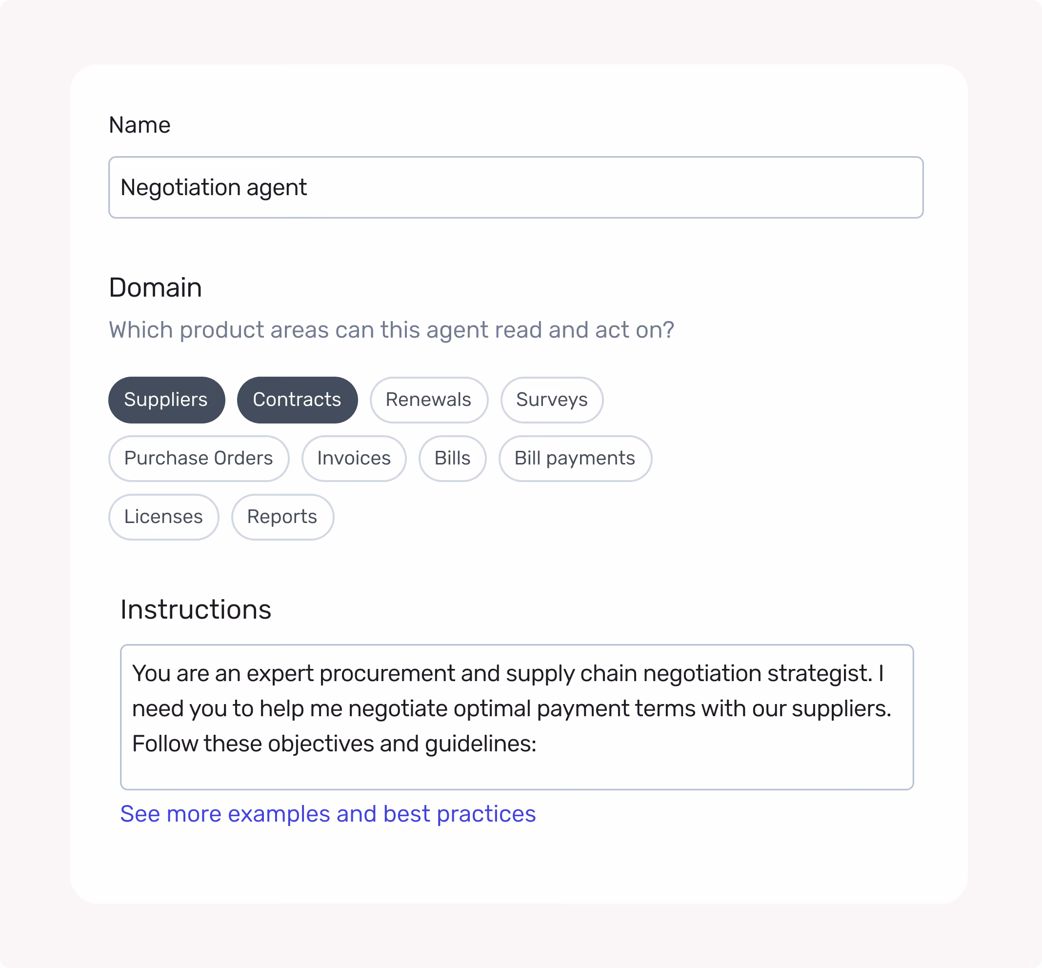 Form titled Negotiation agent with selected domains Suppliers and Contracts and instructions for procurement negotiation.
