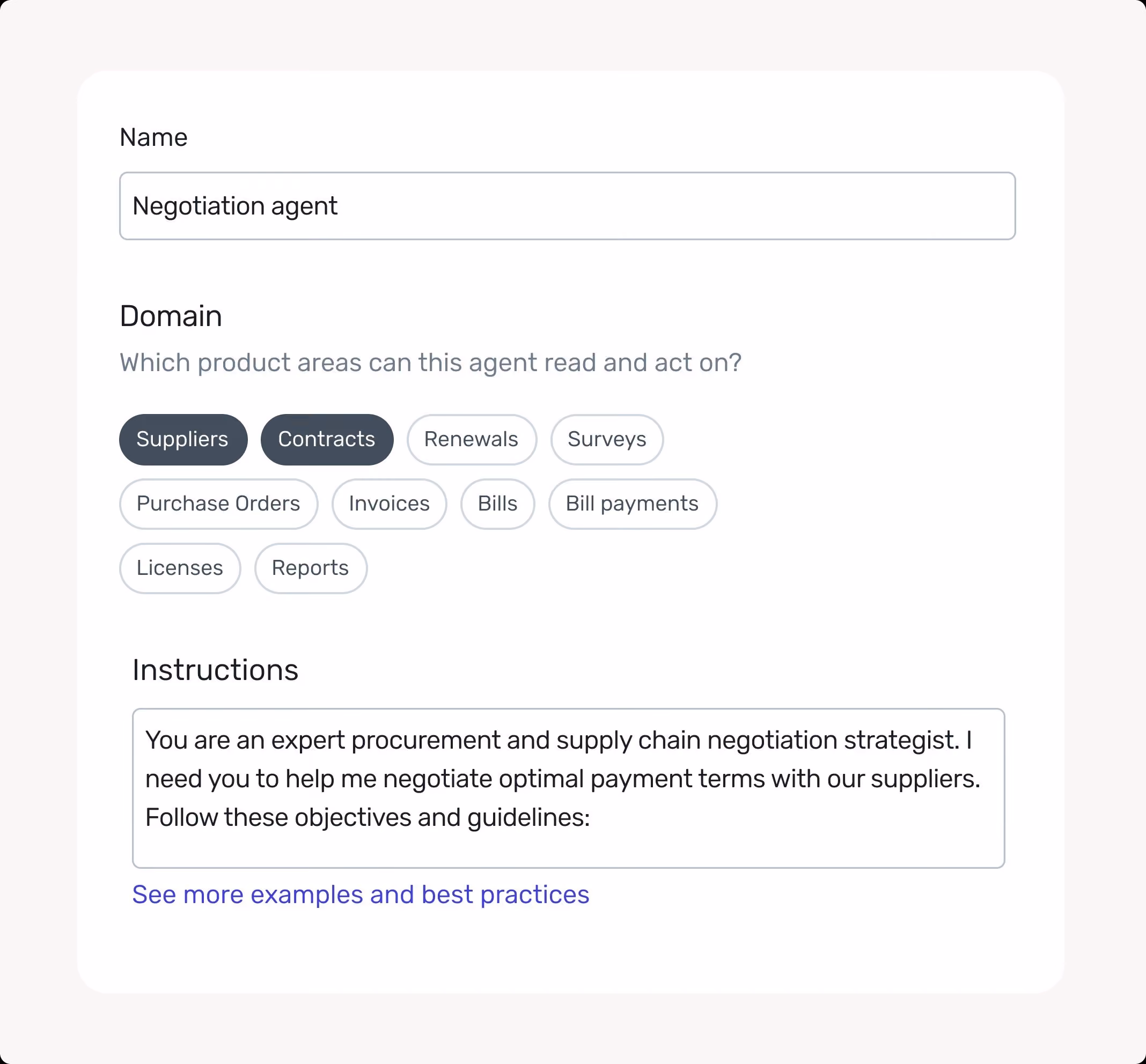 Spendflo agent configuration interface showing vendor risk and compliance domain settings.