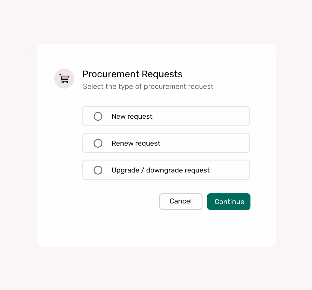 Form titled Procurement Requests with options: New, Renew, Upgrade or downgrade request and Cancel and Continue buttons.