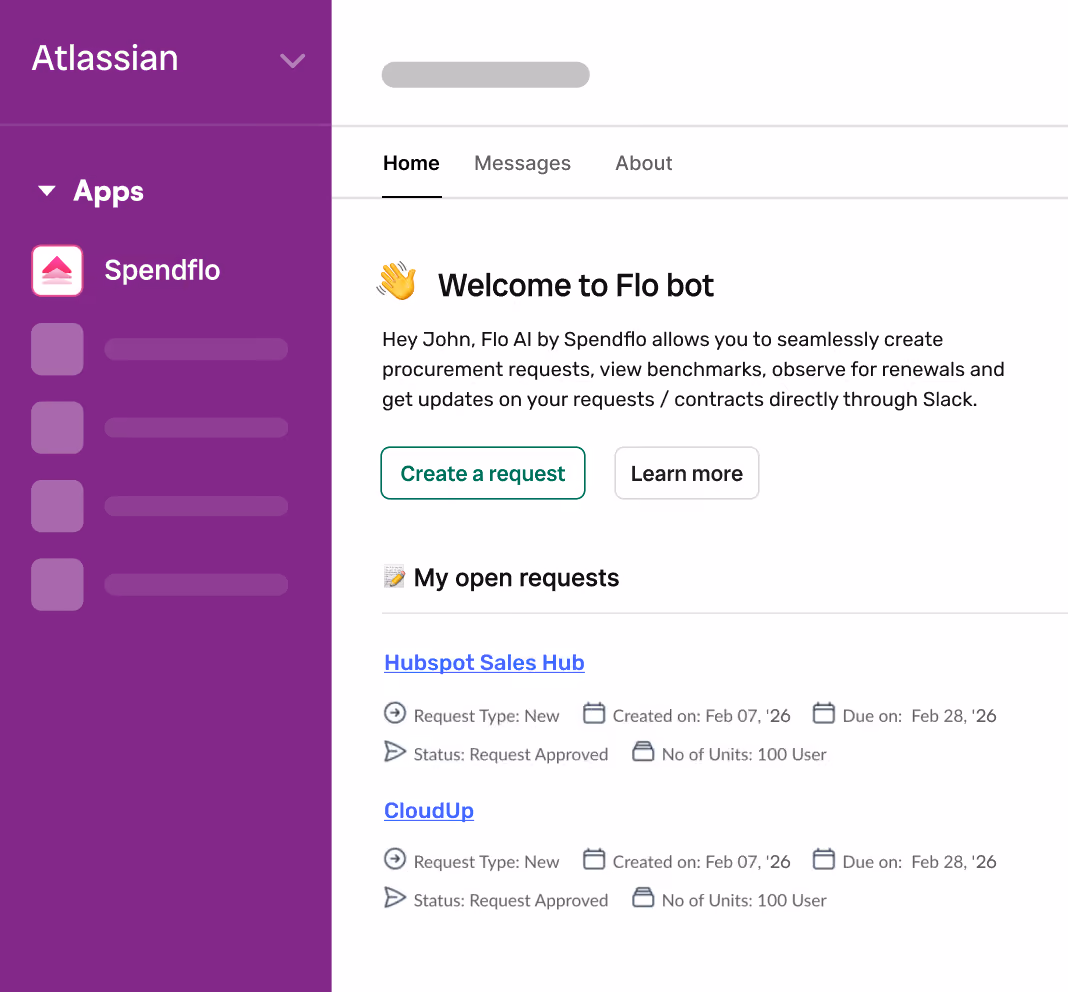 Slack interface showing Flo bot welcome message, options to create requests, and list of open procurement requests.