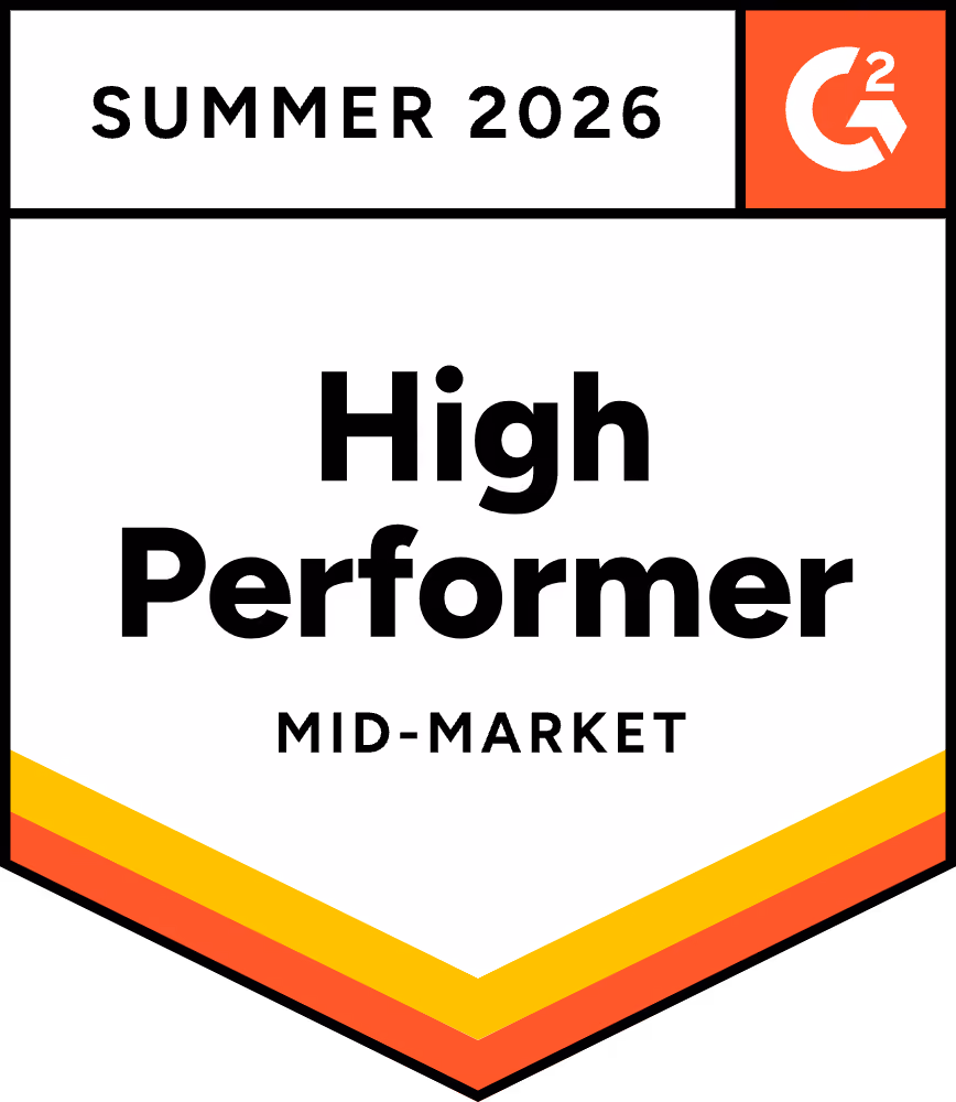 G2 Summer 2026 High Performer badge for mid-market shown with red and yellow stripes.