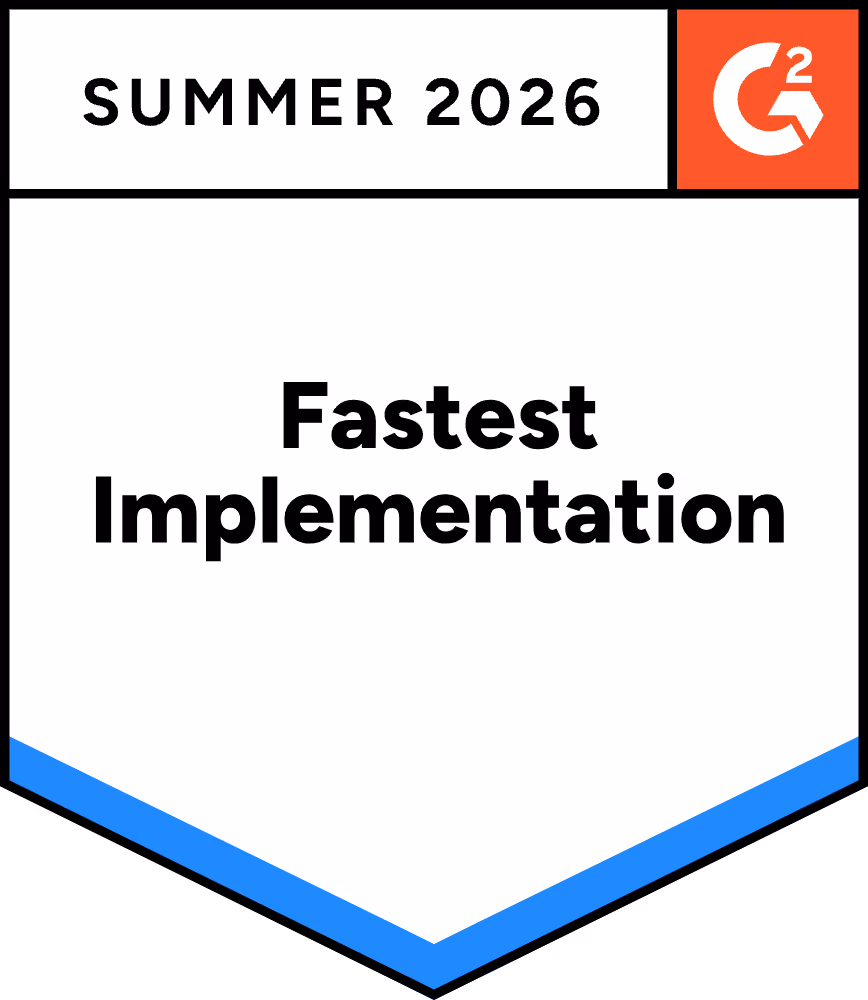 G2 badge for Summer 2026 award, Fastest Implementation, with G2 logo on top right.