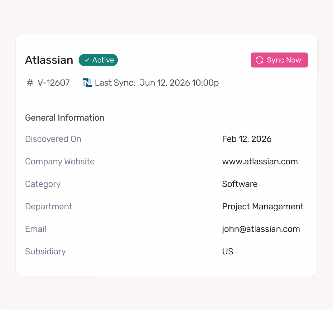 Atlassian active status card with sync info, website, category software, project management department, and contact email.