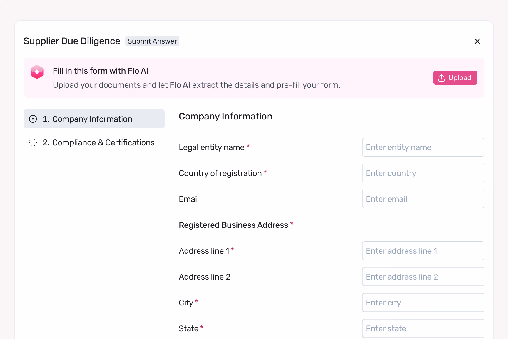 Supplier Due Diligence form prompting company information with fields for legal name, country, email, and address.