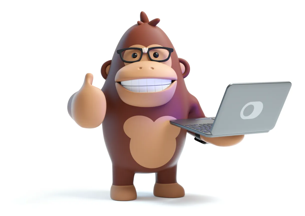 Asedos gorilla ger tummen upp med en laptop