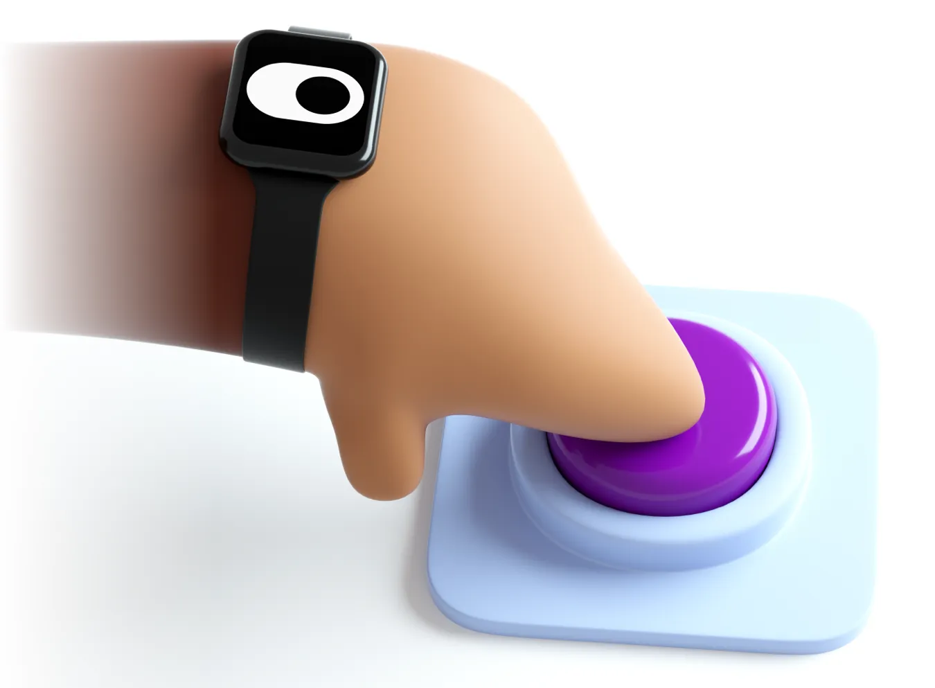 Hand med smartklocka trycker på en lila knapp