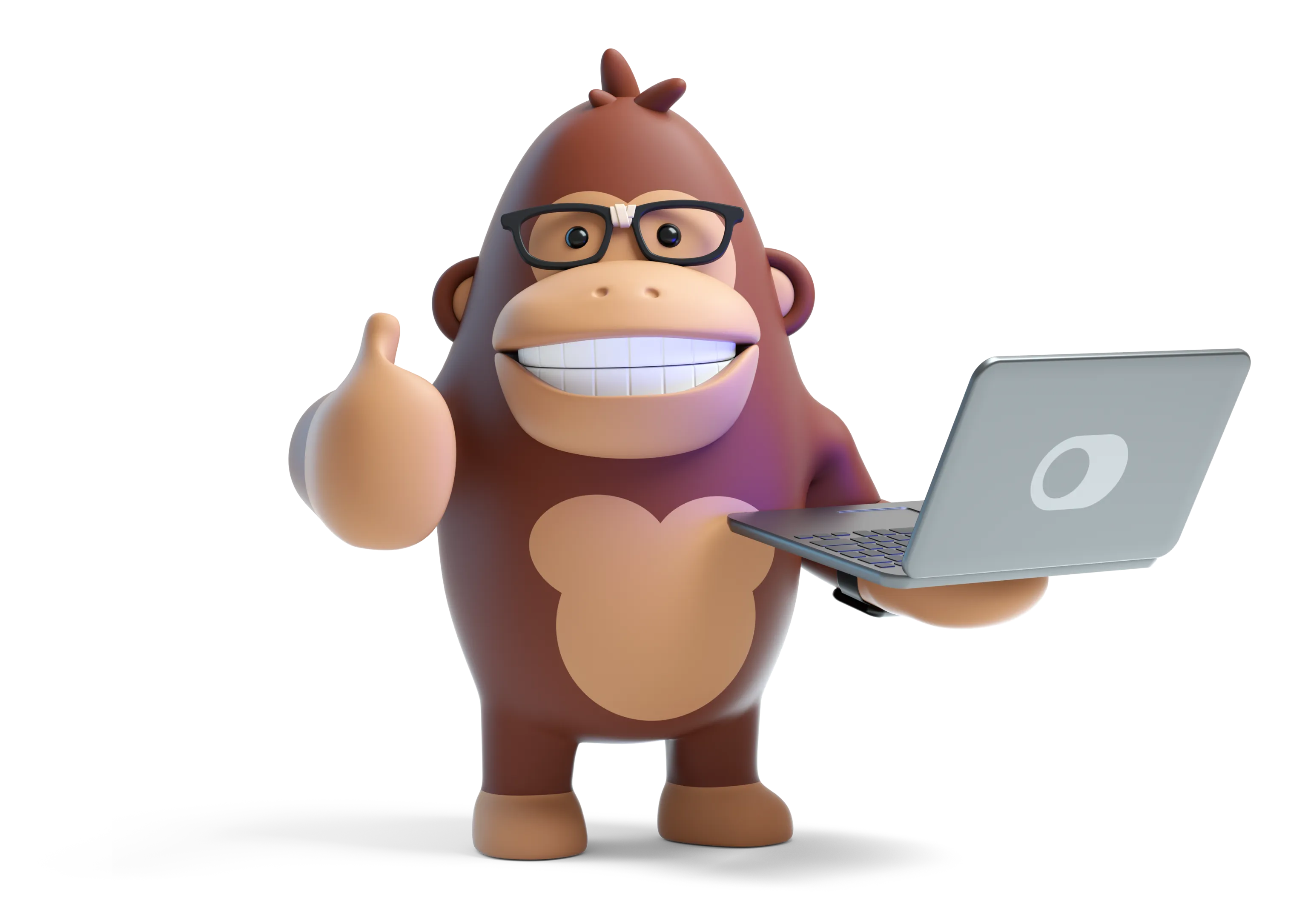 Asedos gorilla ger tummen upp med en laptop