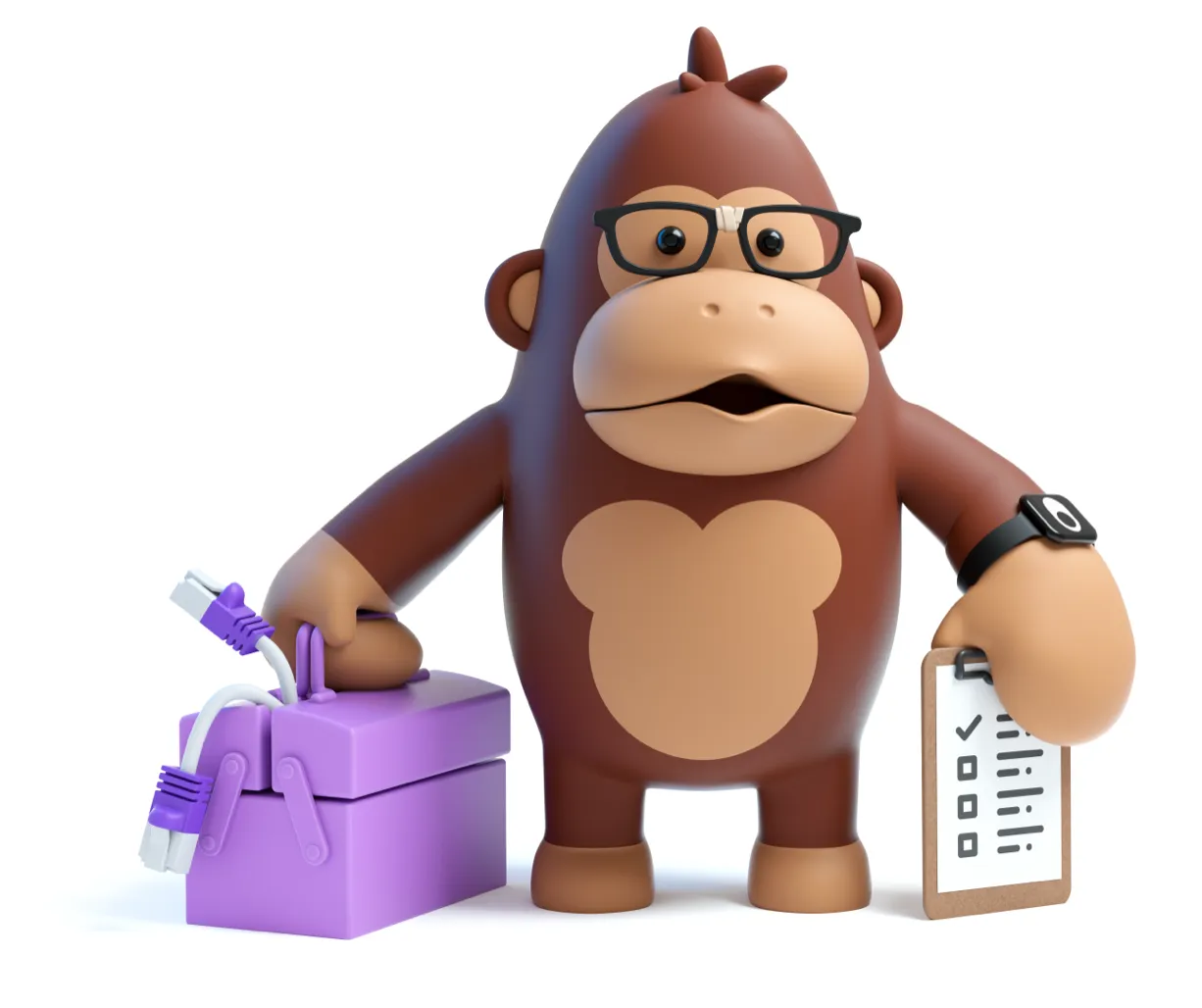 Asedos gorilla med verktygslåda och checklista