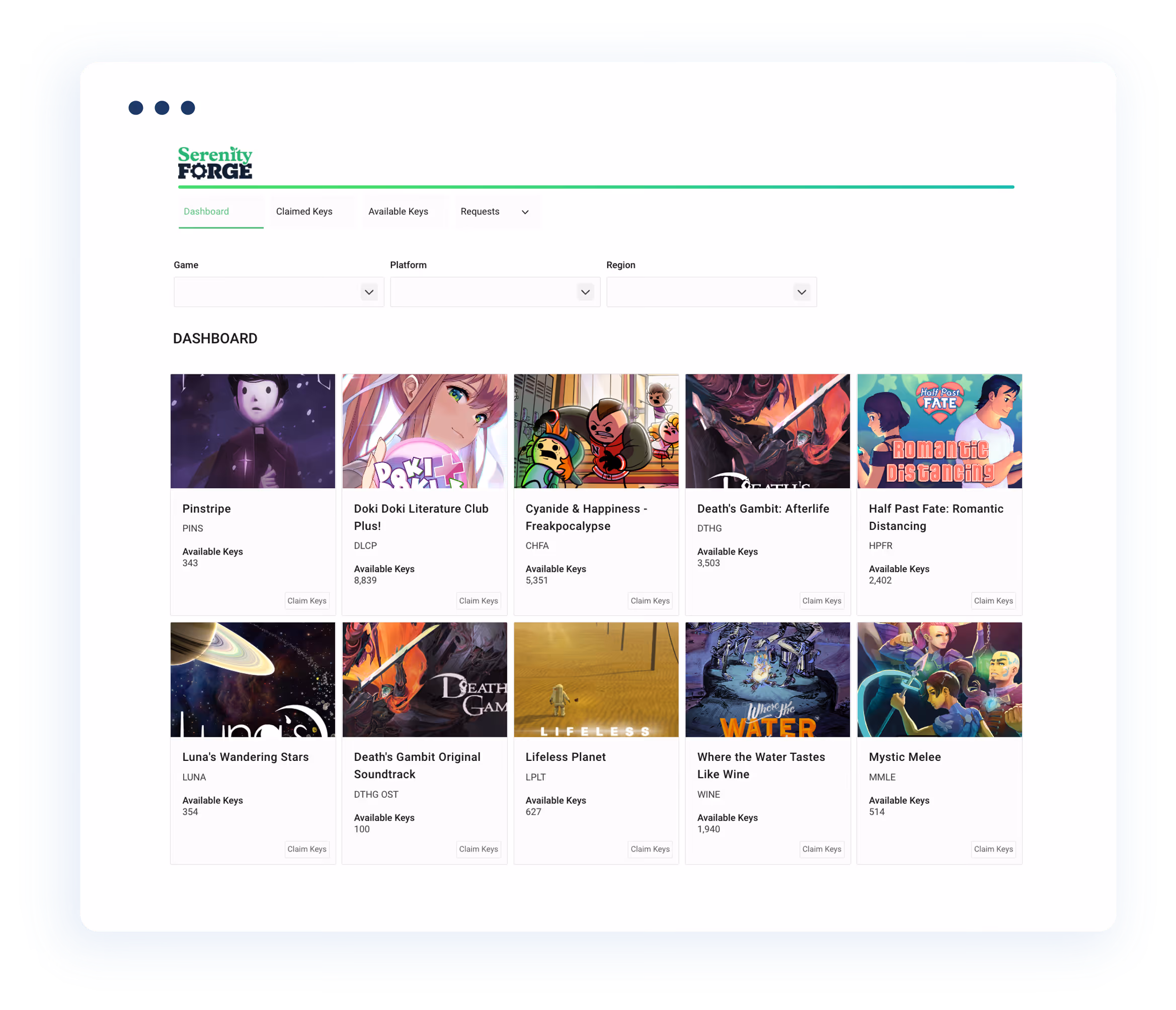serenity forge app dashboard by blaze