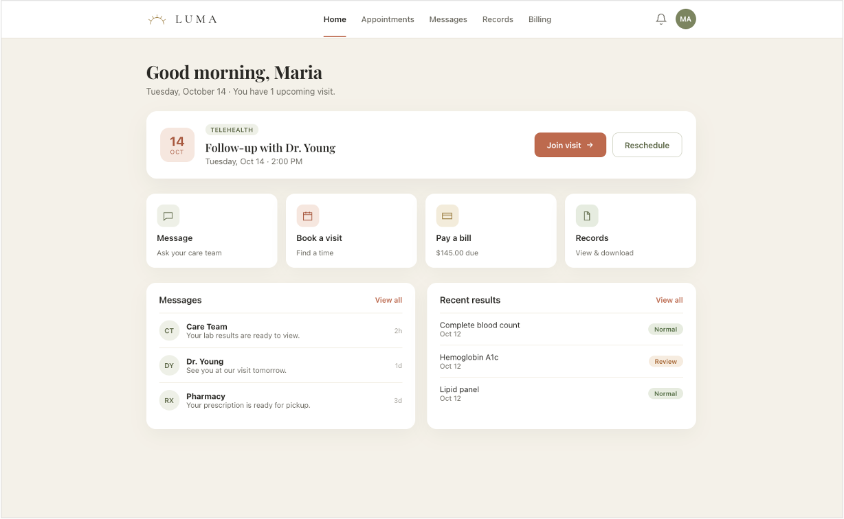 Luma Patient Portal — patient home