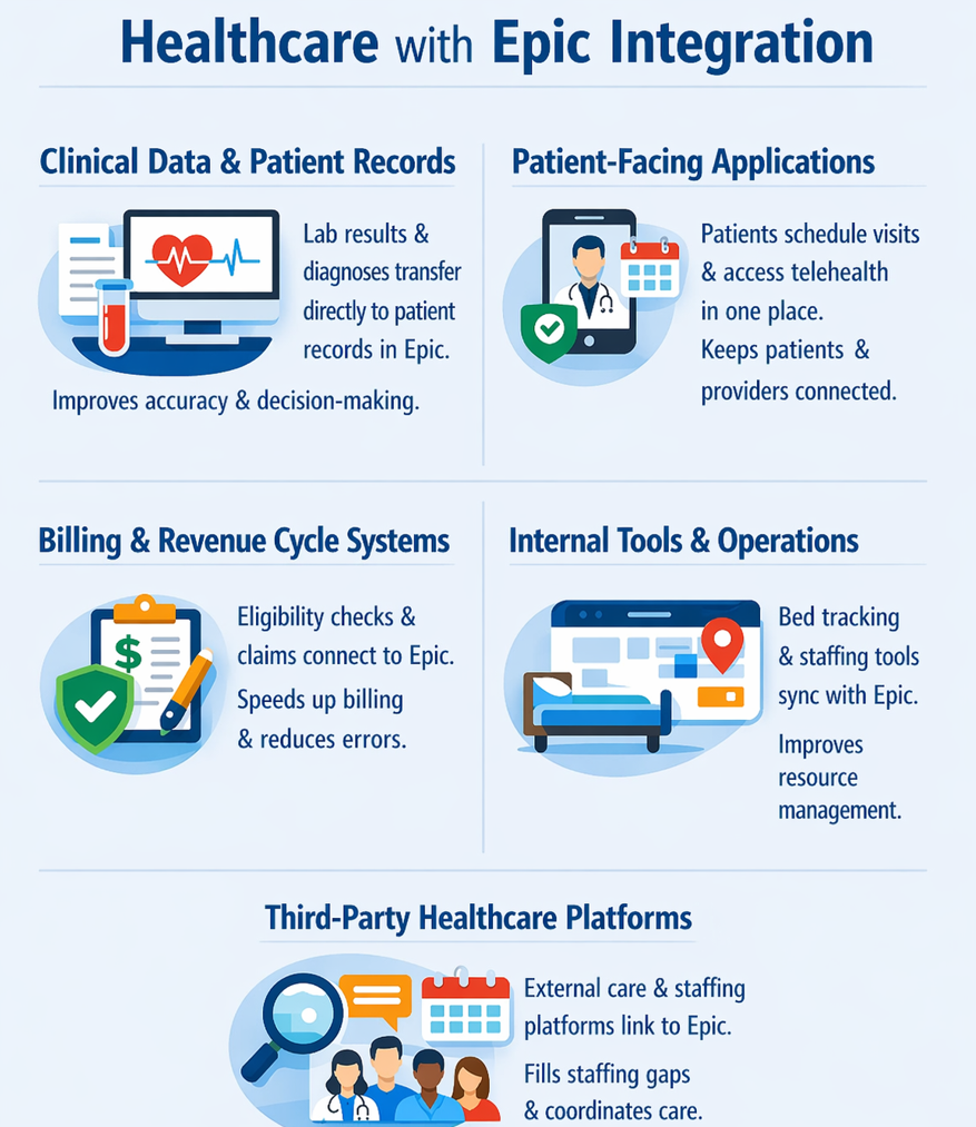 Infographic titled “Healthcare with an Epic Integration” with five sections explaining how connected systems send clinical data, patient interactions, billing information, operational updates, and external platform data into Epic.