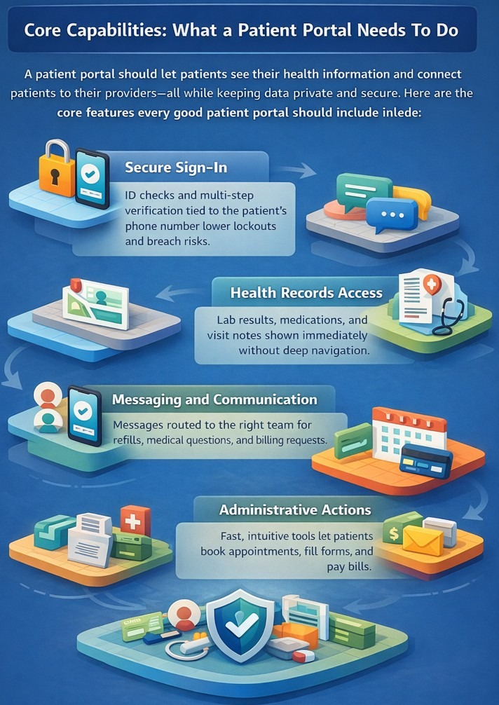 Infographic showing patient portal features including secure sign-in with multi-step verification, easy access to health records like lab results and medications, messaging with providers, and tools for scheduling appointments, completing forms, and making payments.