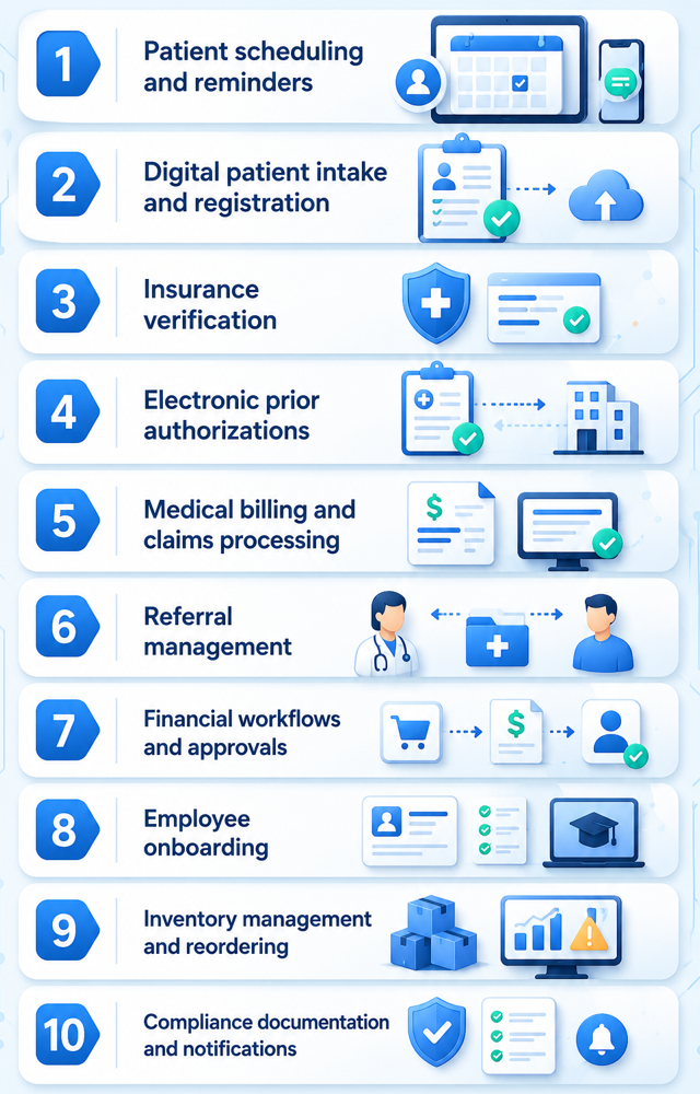 Modern healthcare automation infographic showing ten administrative workflows including scheduling, intake, billing, referrals, onboarding, inventory, compliance, insurance verification, and authorizations with technology icons.