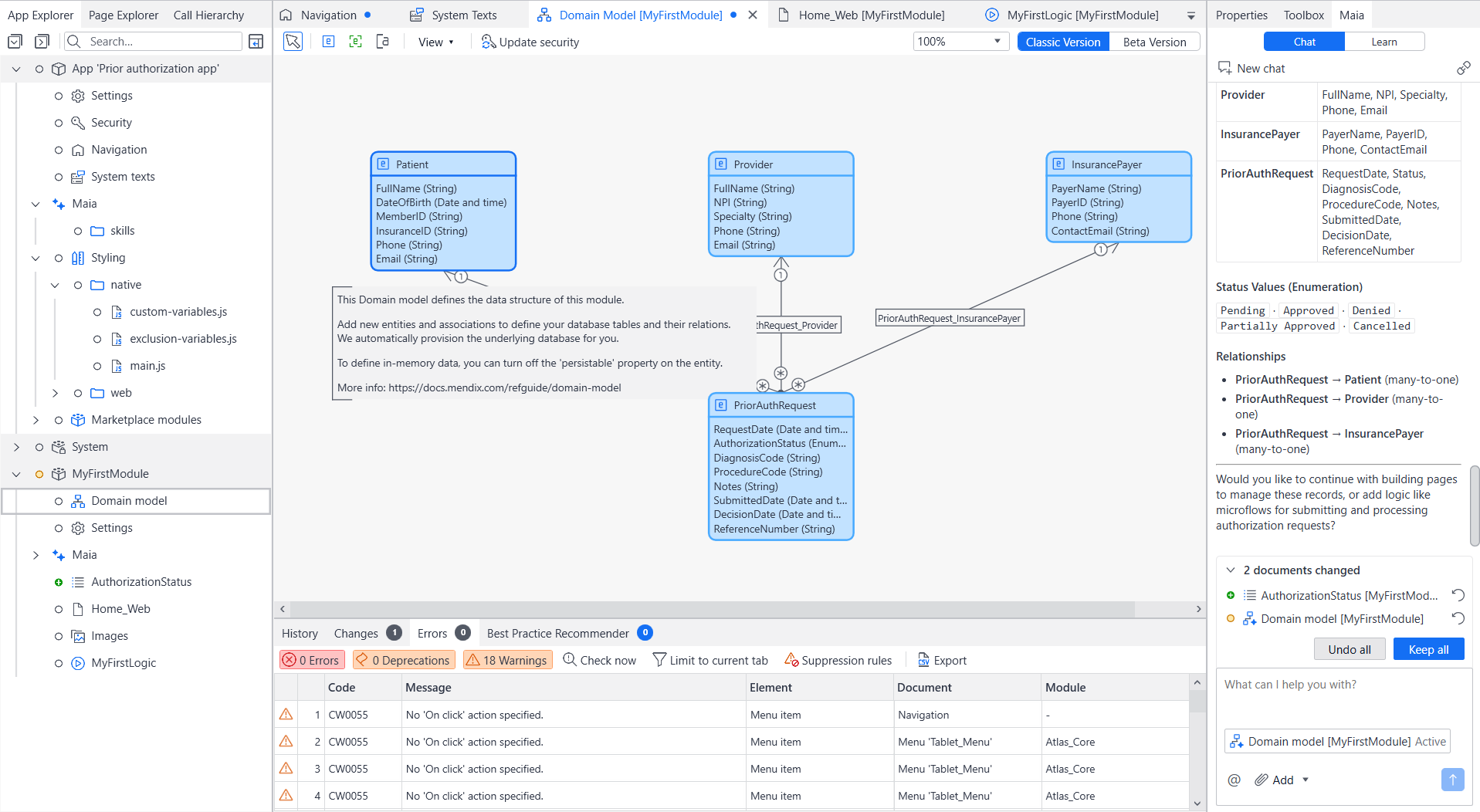 Mendix Studio Pro displaying a healthcare prior authorization application's domain model with patient, provider, payer, and authorization request entities linked through visual relationships and AI assistance.