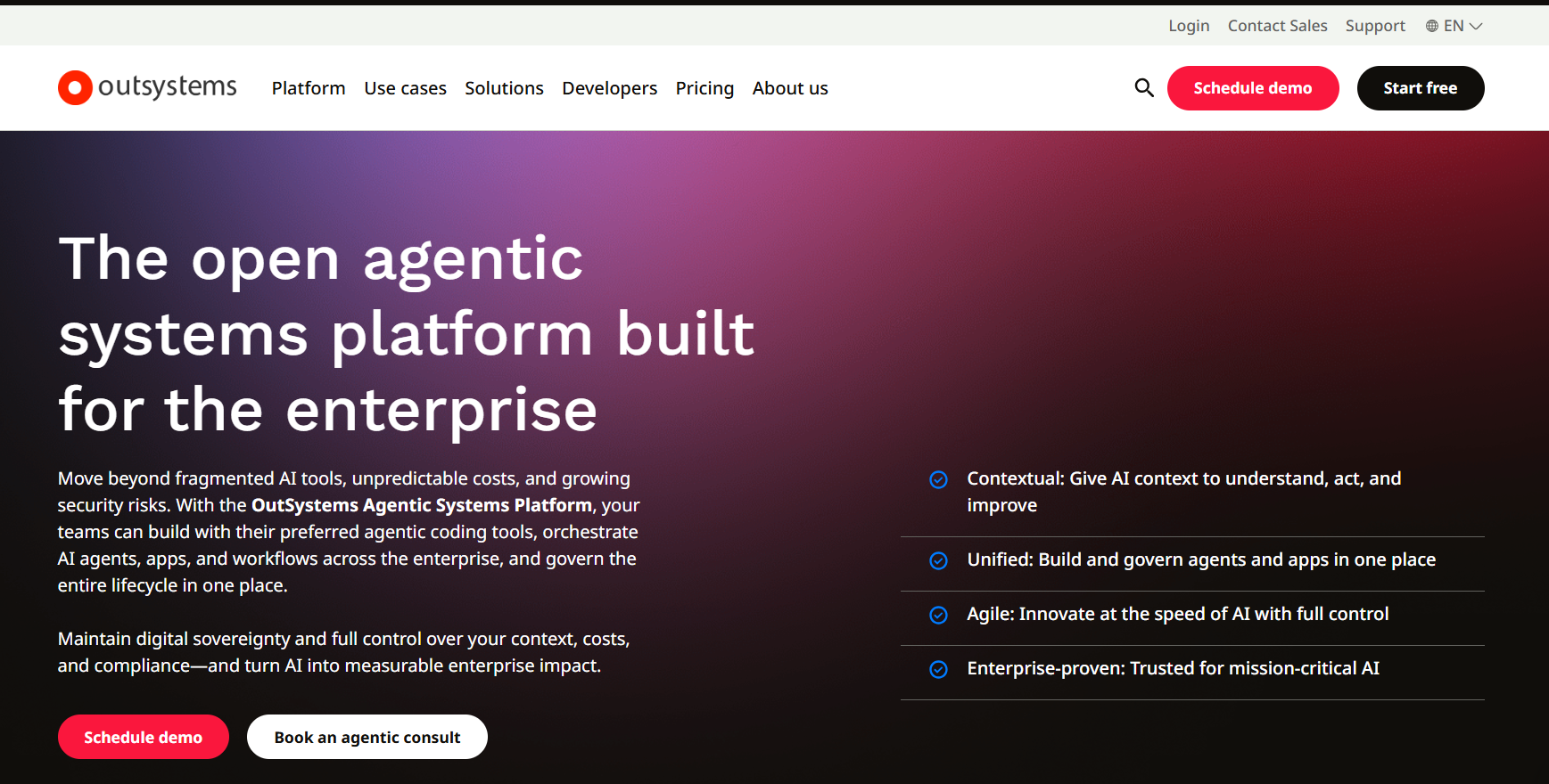 OutSystems homepage promoting its enterprise application platform, highlighting AI-powered development, governance, application lifecycle management, compliance controls, and call-to-action buttons for demos and free trials.