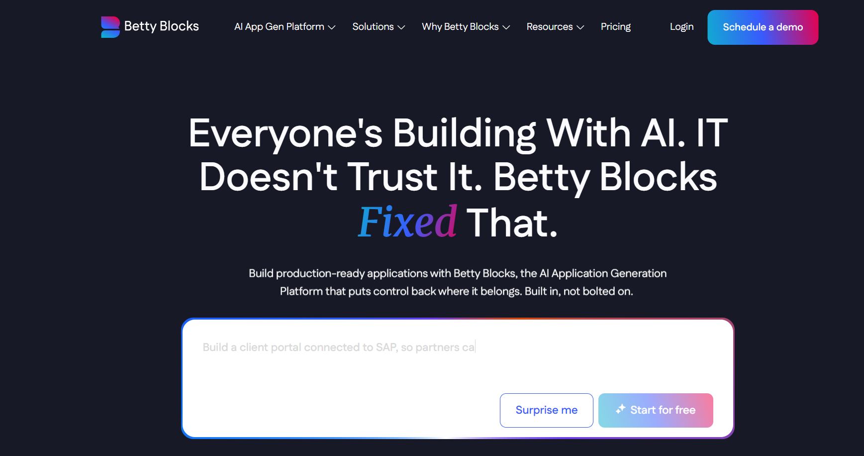 Betty Blocks homepage showcasing AI-powered no-code application development, enterprise app generation, SAP integration example, production-ready software, and Start for Free and Schedule a Demo buttons.