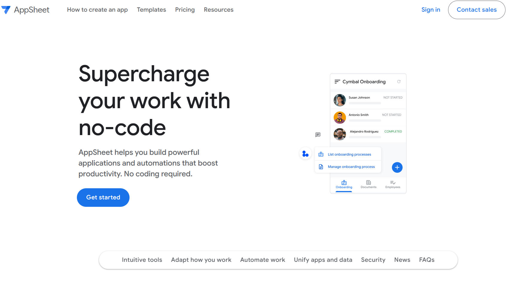 AppSheet homepage promoting no-code application development, workflow automation, Google Workspace integration, employee onboarding workflows, productivity tools, and Get Started and Contact Sales options.