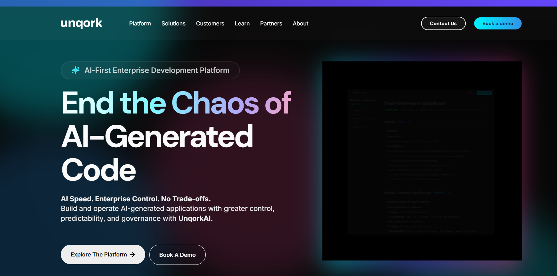Unqork homepage highlighting AI-powered enterprise application development, governance for AI-generated code, enterprise controls, application lifecycle management, and Explore the Platform and Book a Demo buttons.