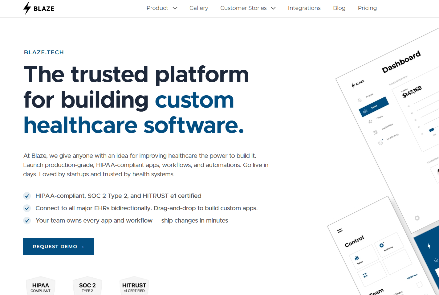 Blaze homepage featuring healthcare software platform messaging, HIPAA-compliant applications, EHR integrations, security certifications, dashboard interface previews, and a Request Demo call-to-action for healthcare organizations.