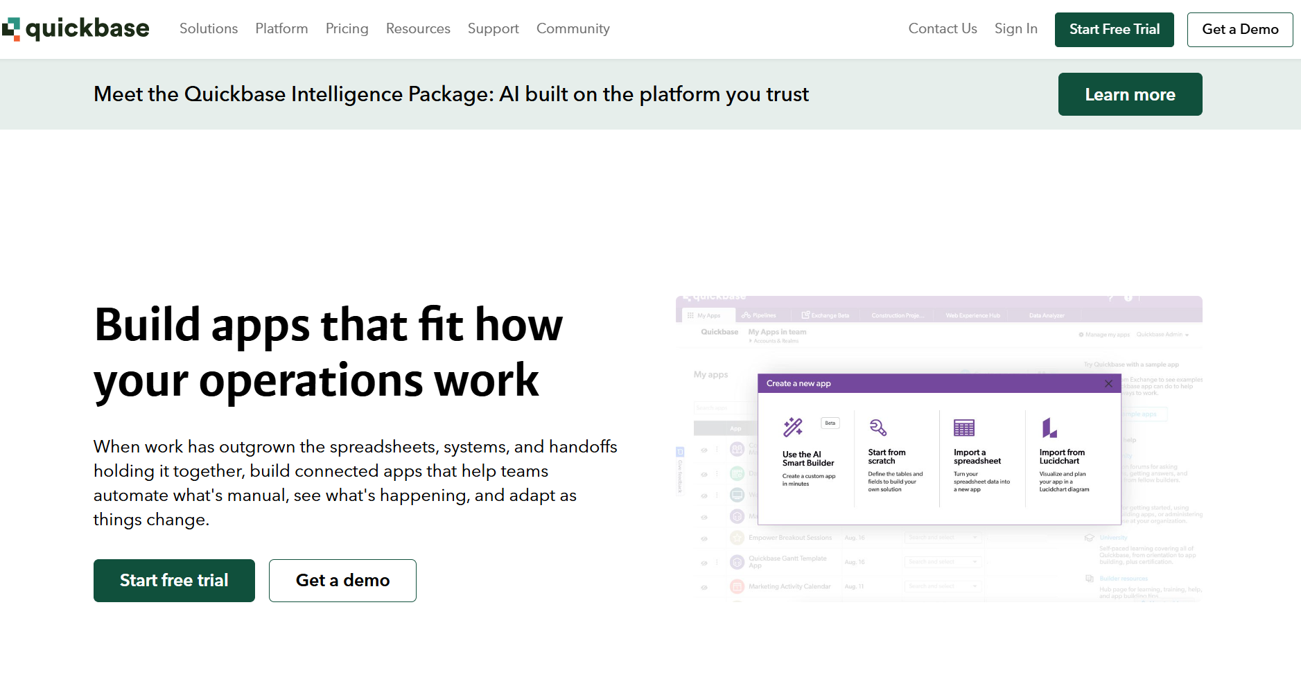 Quickbase homepage promoting business application development, AI-powered app creation, workflow automation, connected operational tools, spreadsheet imports, and Start Free Trial and Get a Demo buttons.