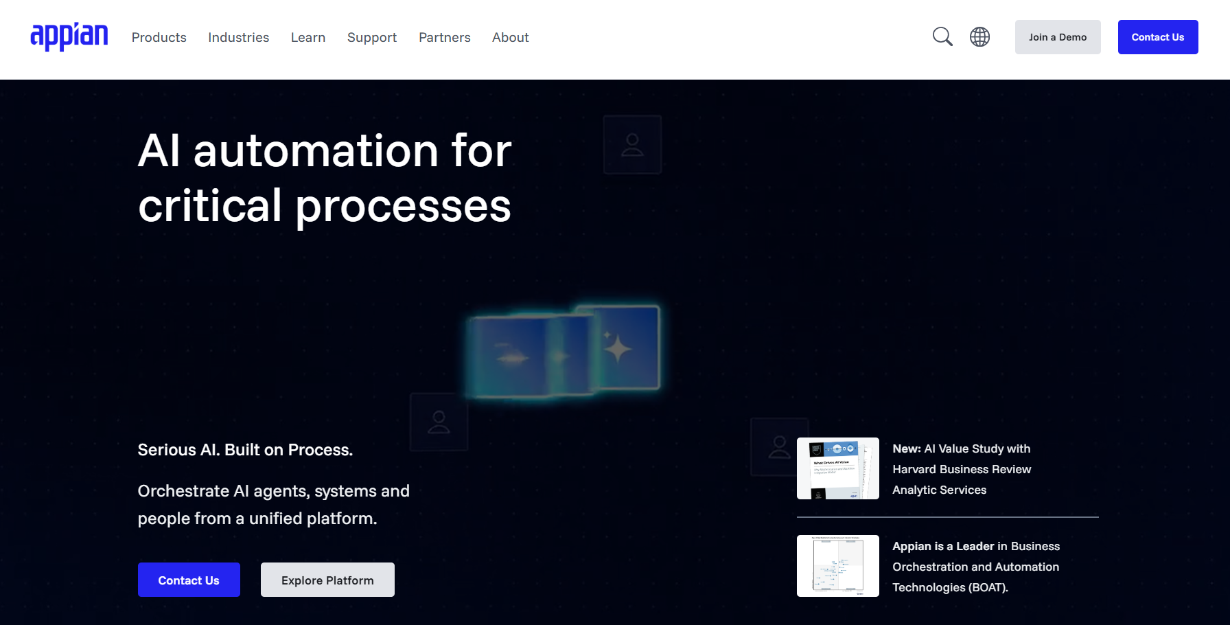 Appian homepage highlighting AI-powered business process automation, unified workflow orchestration, enterprise process management, critical operations, and platform access through Explore Platform and Contact Us buttons.