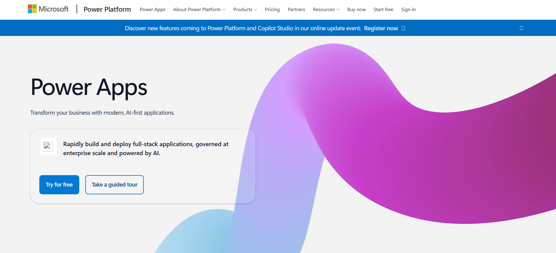Microsoft Power Apps homepage highlighting AI-powered application development, enterprise-scale deployment, Microsoft Power Platform integration, guided onboarding, and Try for Free and Take a Guided Tour options.