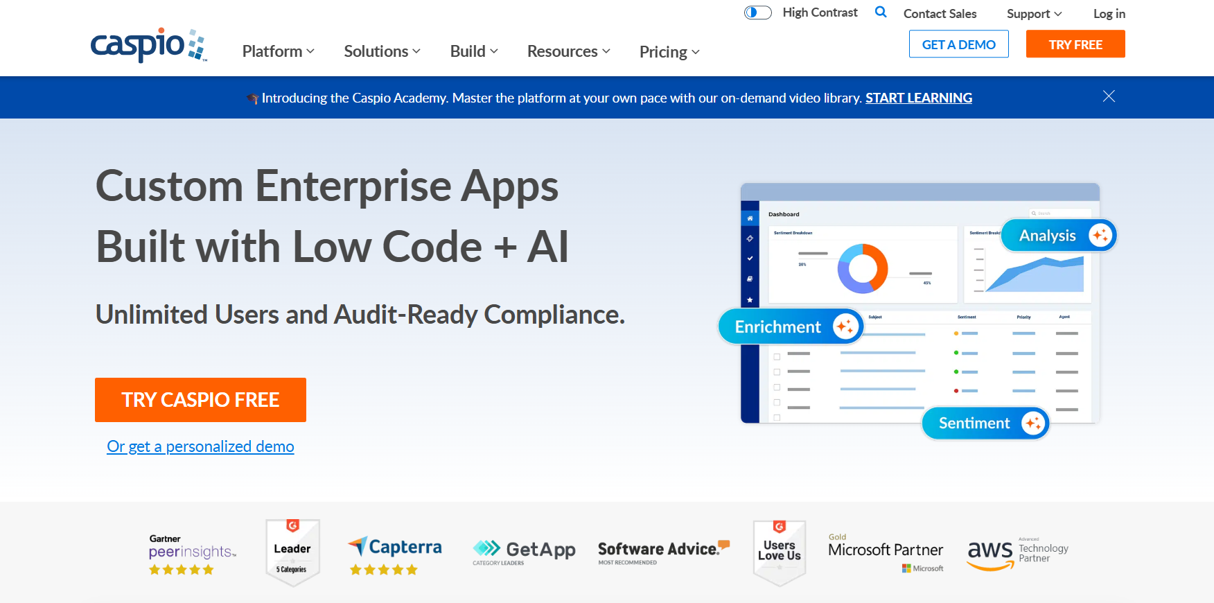Caspio homepage promoting AI-powered enterprise application development, audit-ready compliance, unlimited users, custom database applications, analytics dashboards, and free trial and personalized demo options.