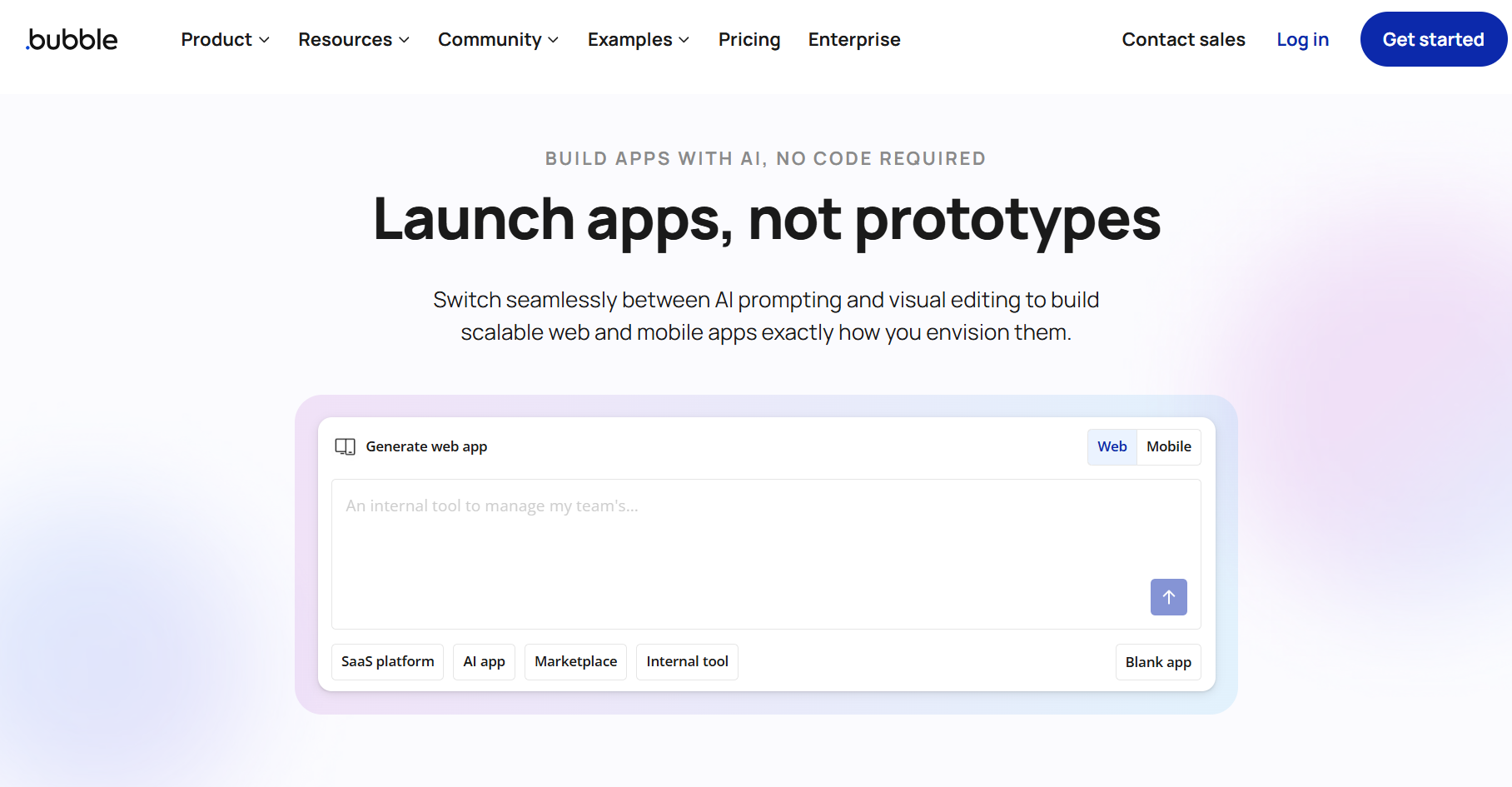 Bubble homepage promoting AI-powered no-code web and mobile application development, visual app builder, scalable application creation, AI prompting, and Get Started and Contact Sales options.