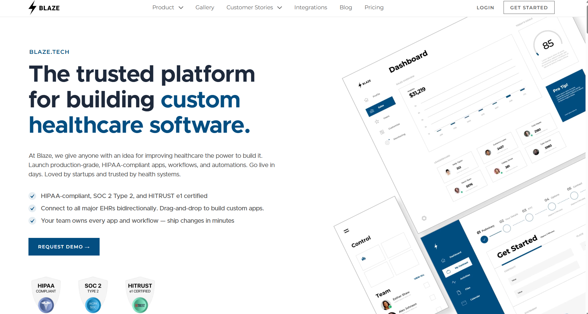 Screenshot of the Blaze homepage highlighting custom healthcare software, HIPAA compliance, EHR integrations, certifications, dashboard preview, and request demo button for healthcare organizations.