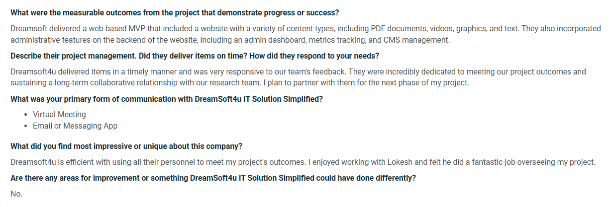 Screenshot of a positive DreamSoft4u client review highlighting timely MVP delivery, responsive communication, virtual meetings, strong collaboration, and effective project oversight.