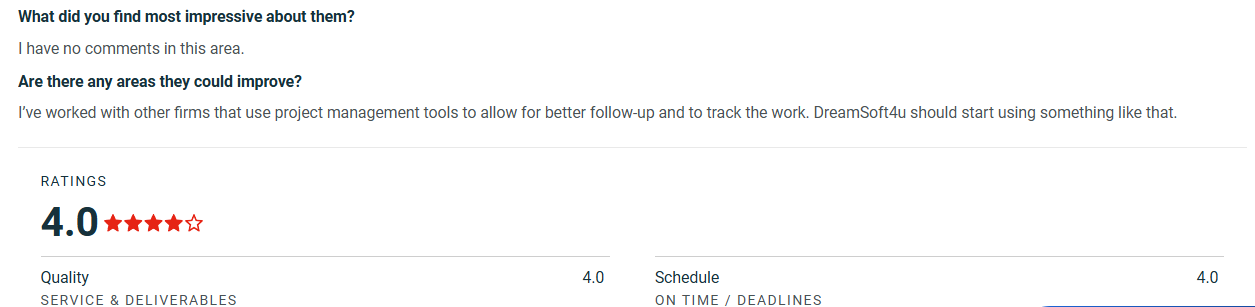 Screenshot of a four-star DreamSoft4u client review suggesting stronger project management tools while rating service quality, delivery, and scheduling positively.