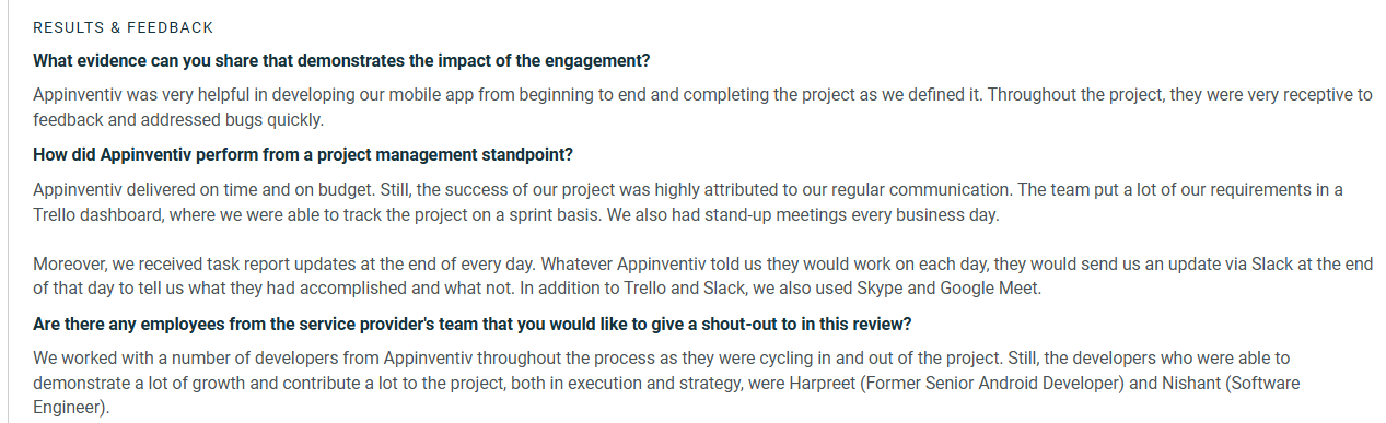Screenshot of a client review praising Appinventiv's mobile app development, responsive communication, on-time delivery, bug fixes, daily progress updates, and organized project management.