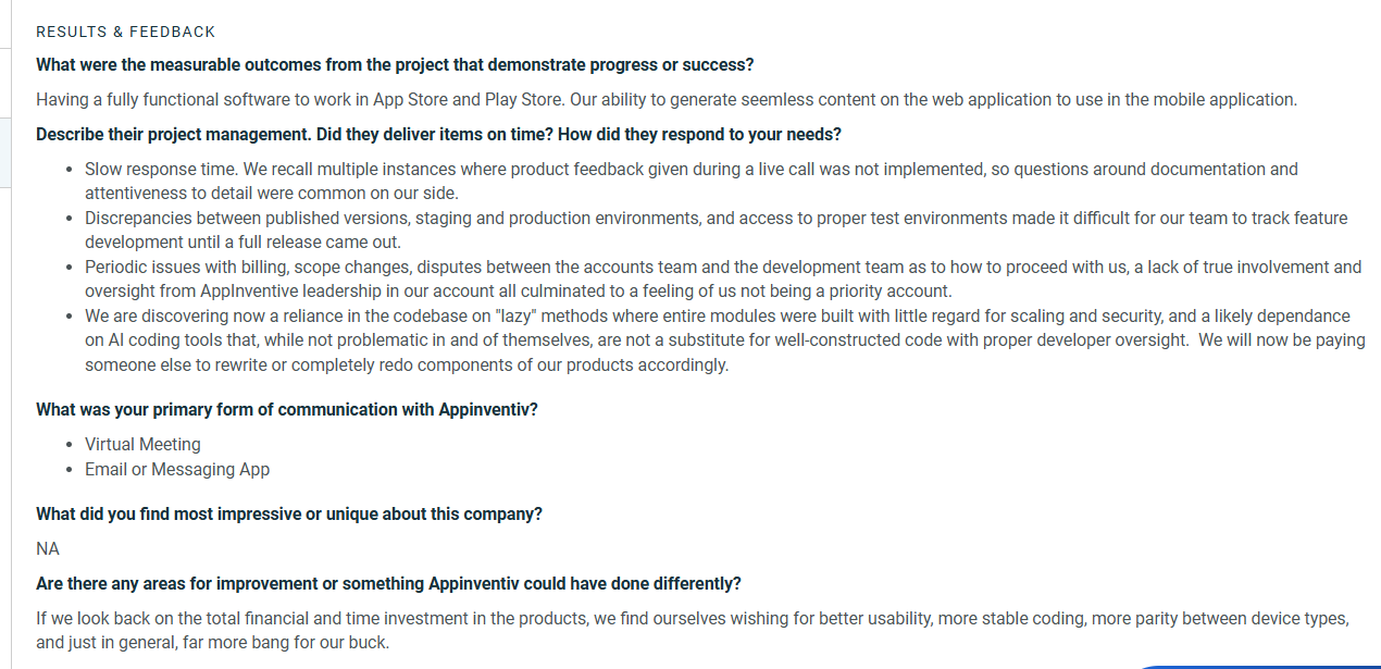 Screenshot of a client review describing concerns with Appinventiv's project communication, billing, code quality, testing environments, scalability, and overall software development experience.