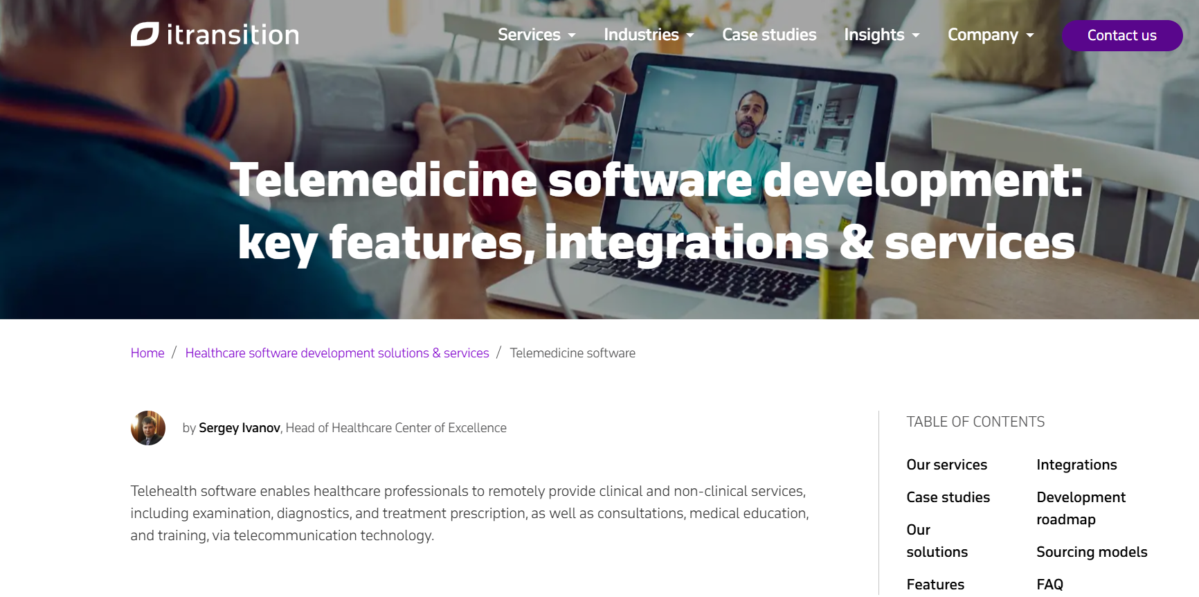 Screenshot of the Itransition telemedicine software development page featuring virtual healthcare services, clinical integrations, telehealth features, development expertise, and healthcare software solutions.