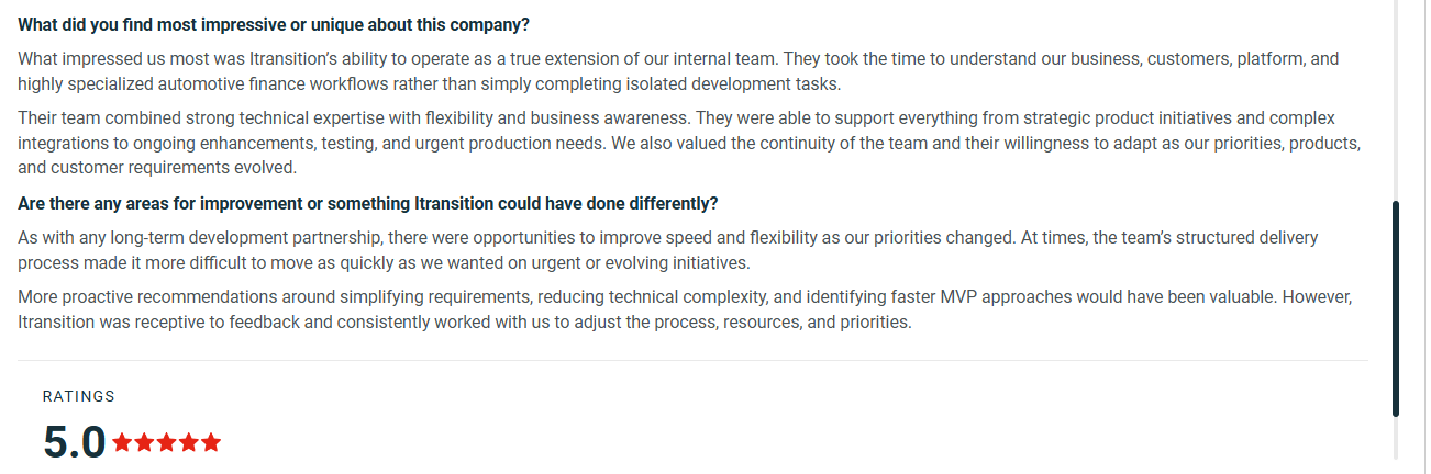 Screenshot of a five-star client review praising Itransition's technical expertise, collaborative development approach, business understanding, flexibility, and long-term software partnership.
