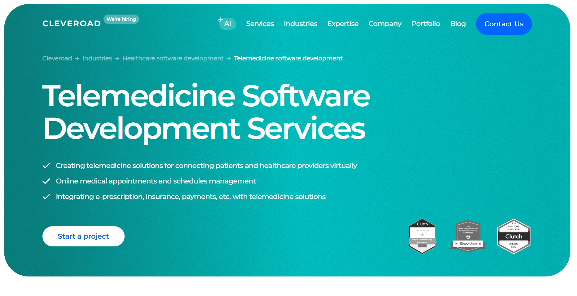 Screenshot of the Cleveroad telemedicine software development page highlighting virtual care solutions, appointment scheduling, e-prescription integrations, insurance support, payment features, and healthcare software services.