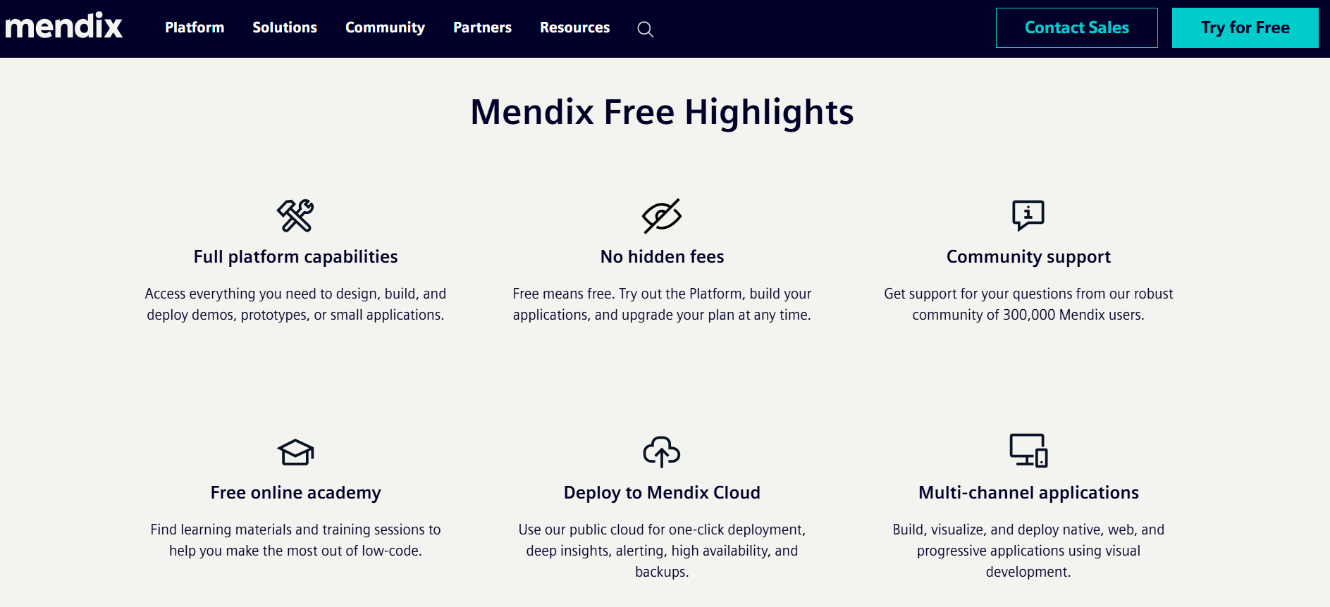 Mendix Free highlights showing full platform capabilities, no hidden fees, community support, free online academy, cloud deployment, and multi-channel application development for prototypes and small applications.