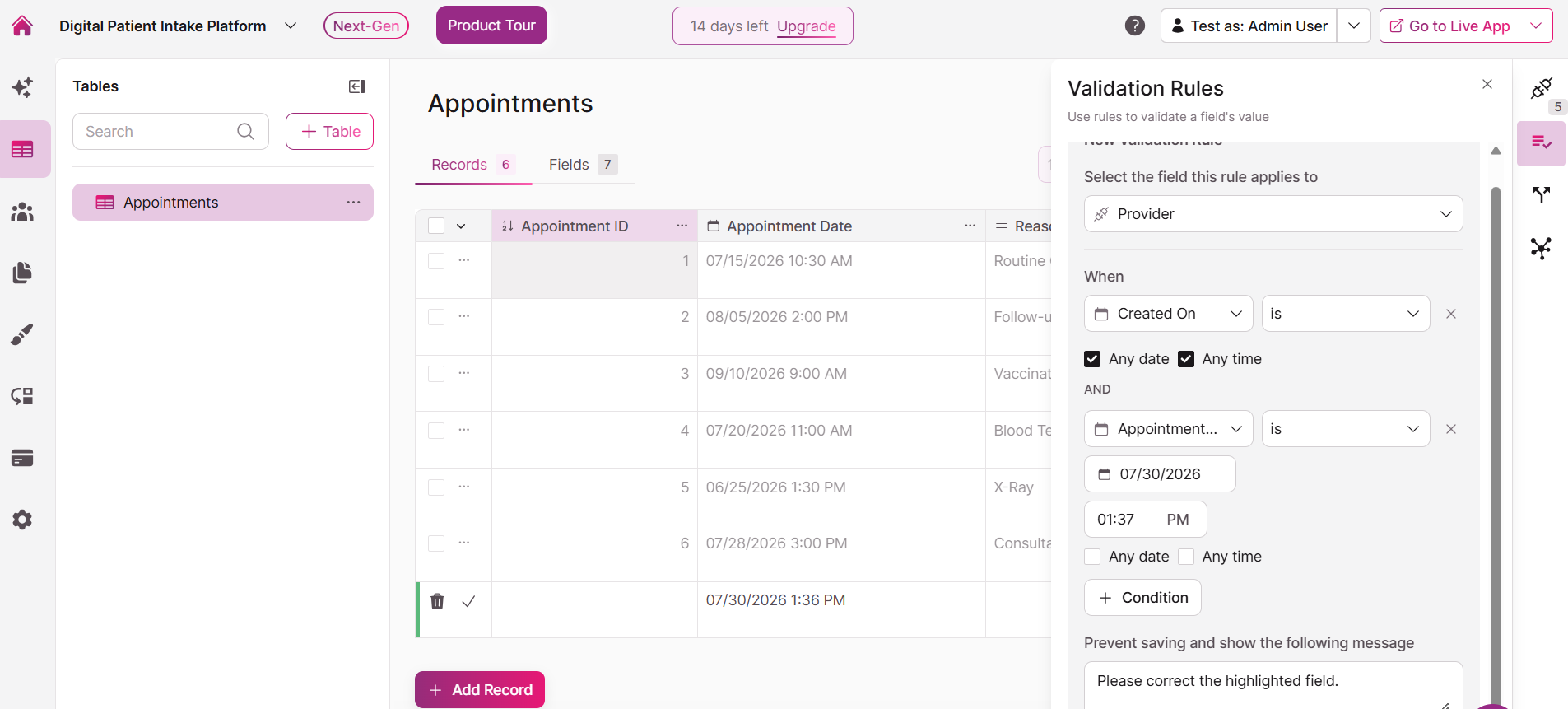 Knack interface showing an appointments database, record table, and validation rules panel configuring provider scheduling conditions, field requirements, and save restrictions for a healthcare application.