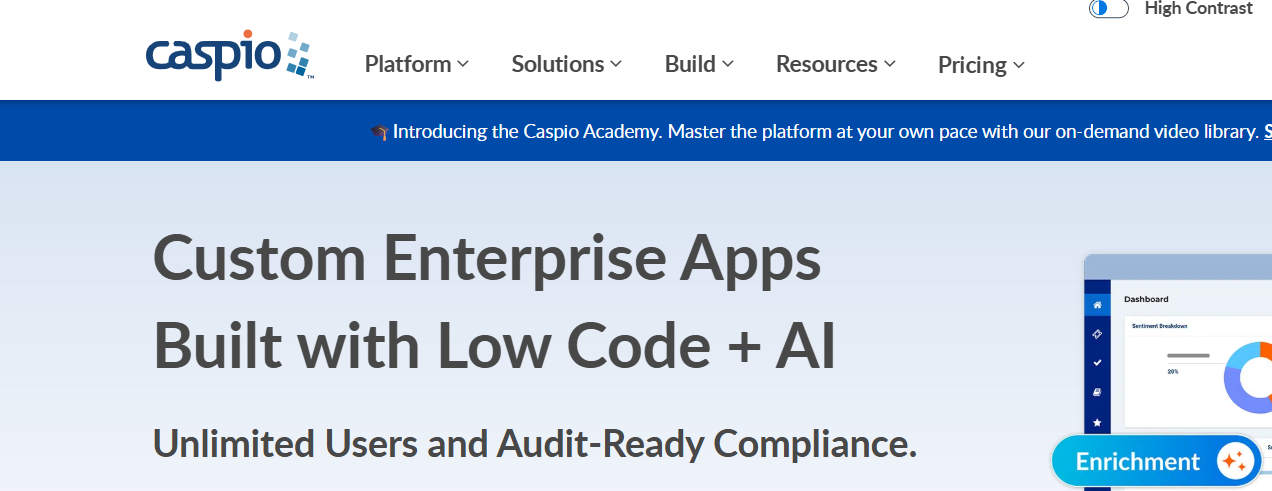 Caspio homepage promoting custom enterprise applications built with low code and AI, highlighting unlimited users, audit-ready compliance, navigation options, and a dashboard preview on-screen prominently.