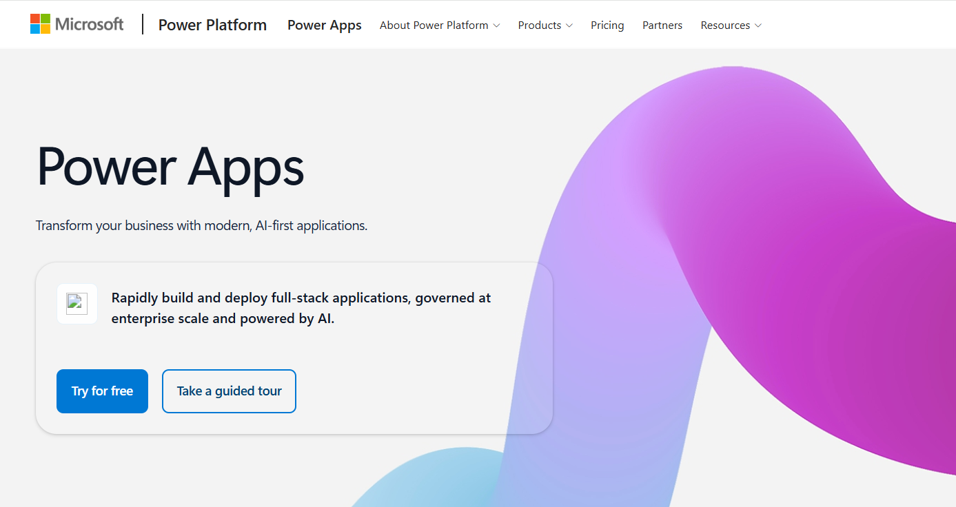 Microsoft Power Apps homepage showing AI-first application messaging, enterprise-scale development features, free trial and guided tour buttons, with a large purple graphic beside them prominently.