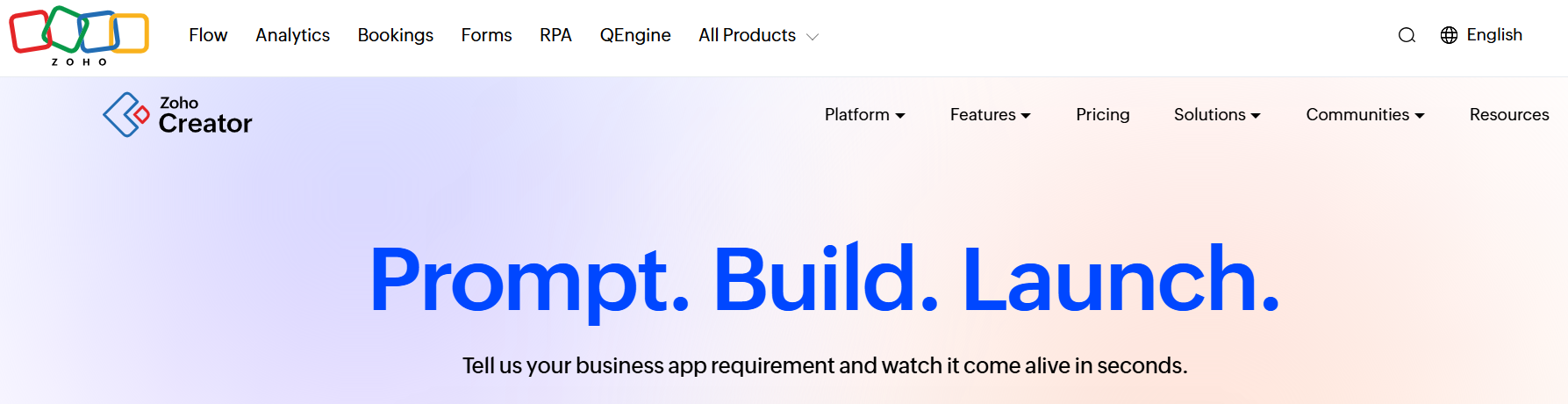 Zoho Creator homepage featuring its Prompt. Build. Launch. message, inviting users to describe business application requirements and build apps quickly through the low-code platform interface.