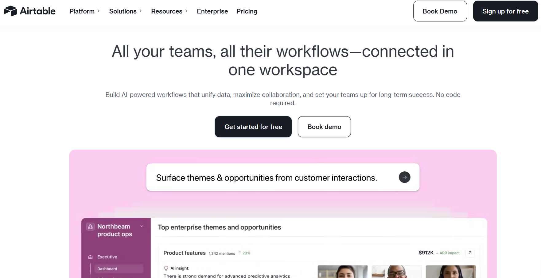 Airtable homepage promoting connected team workflows in one workspace, with AI-powered workflow messaging, free signup and demo buttons, plus a product operations dashboard preview below.