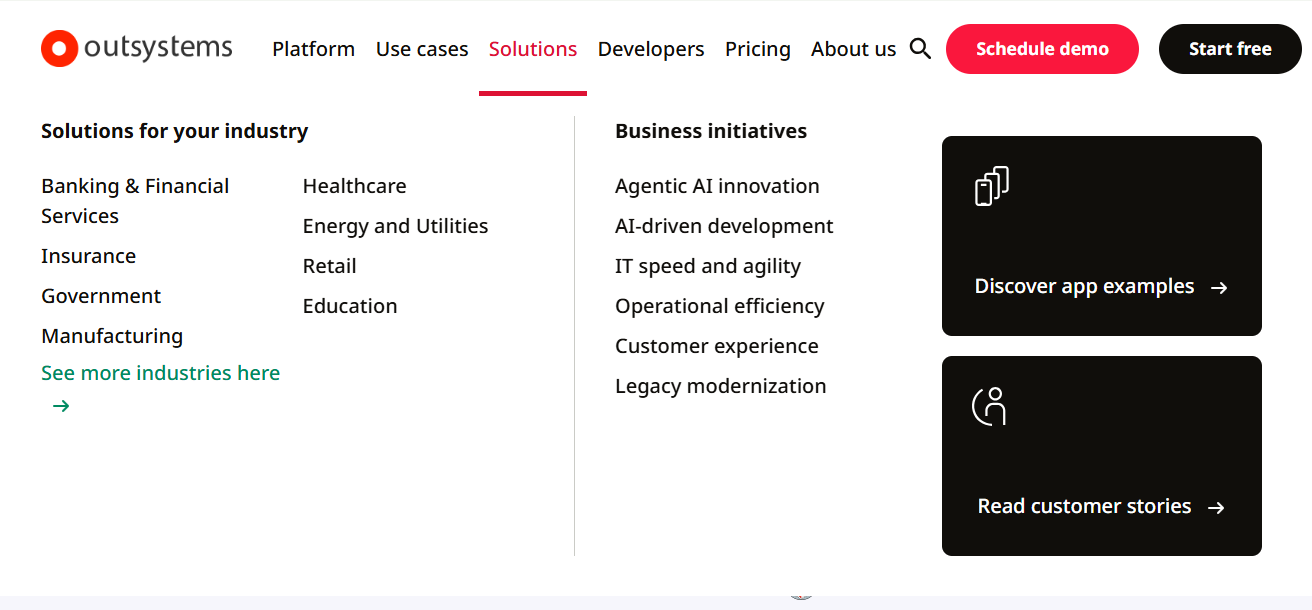 OutSystems website navigation showing industry solutions, business initiatives, app examples, customer stories, and options for agentic AI, legacy modernization, healthcare, banking, and manufacturing applications.
